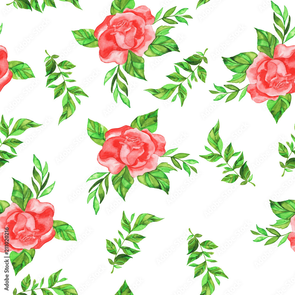 Seamless pattern with red roses and green leaves on white background. Hand drawn watercolor illustration.
