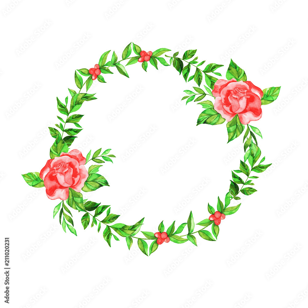 Green leaves and branches garland with red flowers and berries isolated on white background. Wedding invitation or greeting card design. Hand drawn watercolor illustration. Green leaves and branches garland with red flowers and berries isolated on white background. Wedding invitation or greeting card design. Hand drawn watercolor illustration.