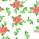 Seamless pattern with red roses and green leaves on white background. Hand drawn watercolor illustration.