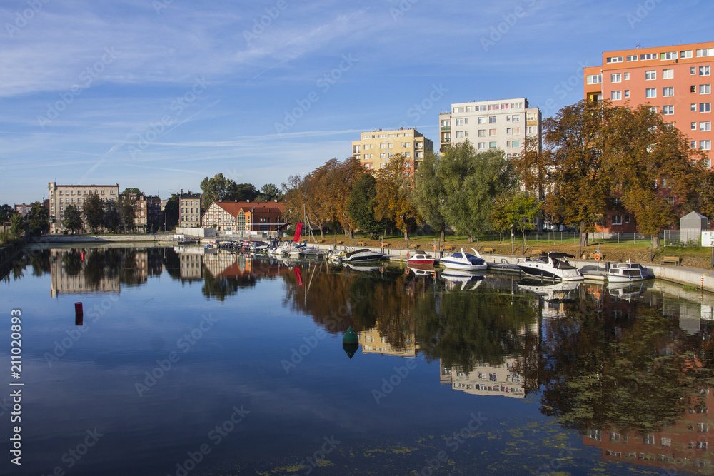 Residential houses on the shore of the lake in Gdansk. Poland