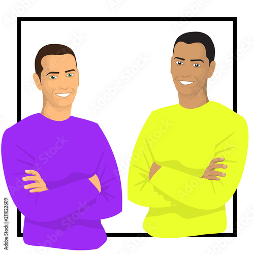 Portrait of two young smiling guy with crossed arms of different races. Guys in purple and yellow T-shirts with long sleeves