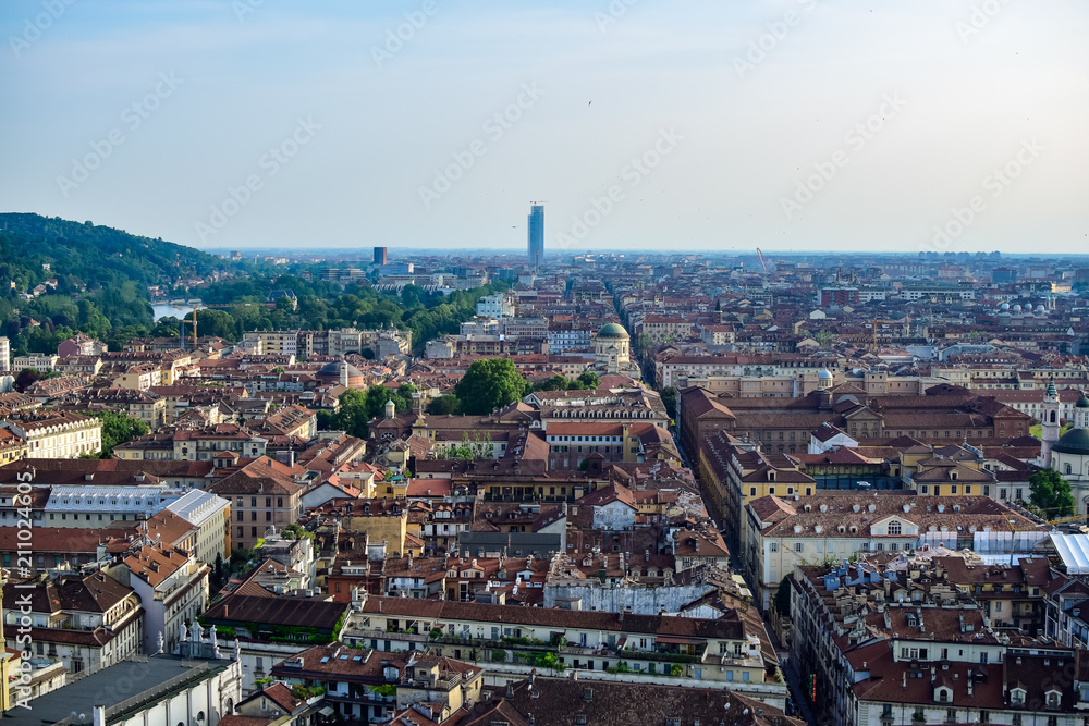 Obraz premium View of the whole of a city from the heights seeing the streets and squares in perspective. Photograph taken in Turin, Italy.