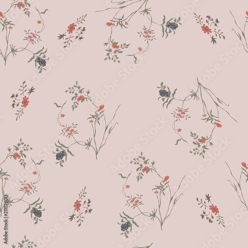 Red, blue flowers. Seamless pattern repeat. Cute Floral pattern in the small flower. Motifs scattered random. Seamless vector texture. Elegant template for fashion prints.