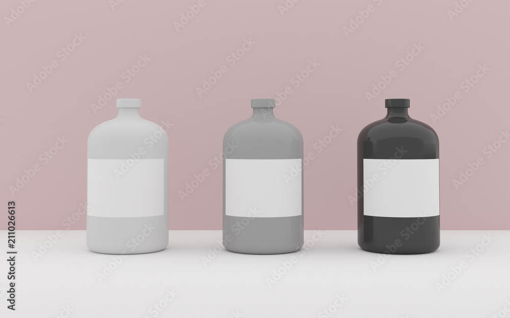 Mock-up of three colored bottles with blank space of label on minimal background, 3D rendering Mock-up of three colored bottles with blank space of label on minimal background, 3D rendering