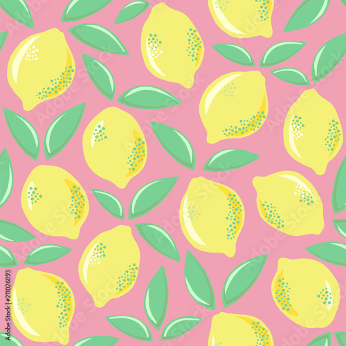 Seamless vector pattern with lemons on the pink background.