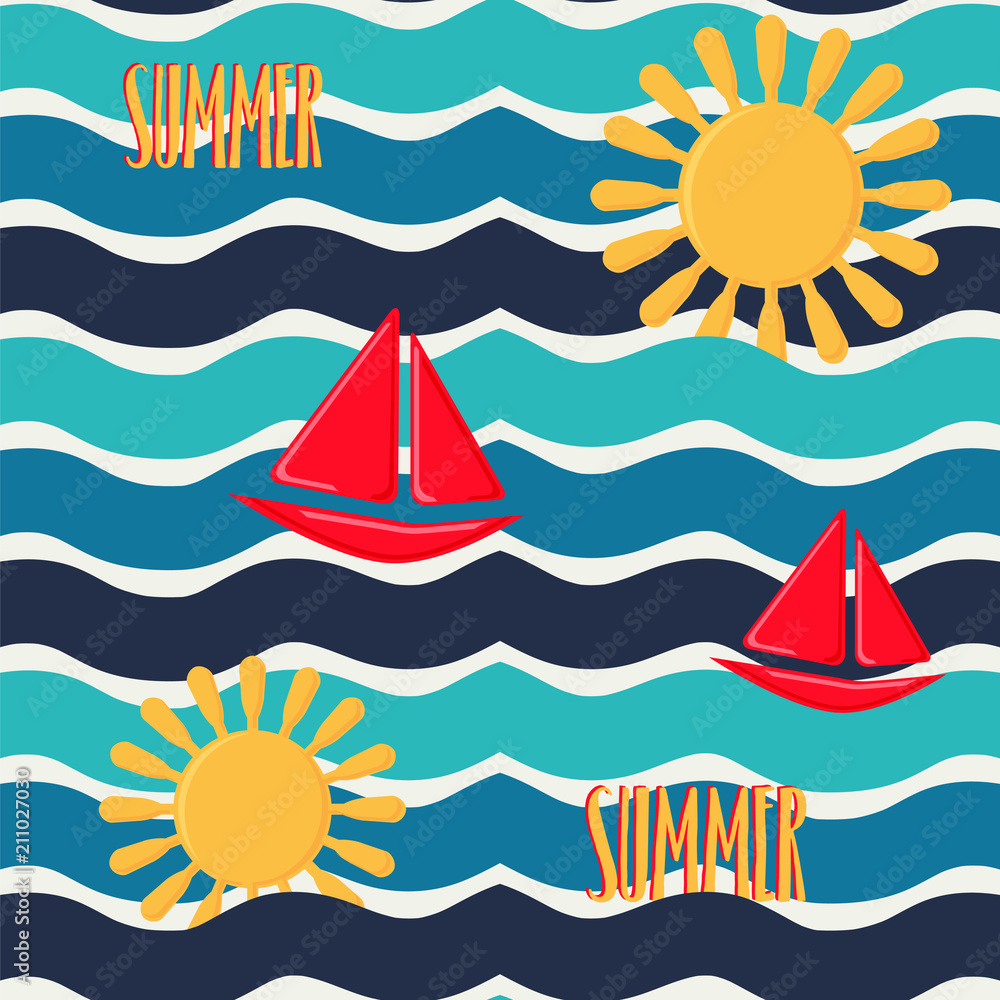 Sun, waves, sailboats. Seamless vector pattern Sun, waves, sailboats. Seamless vector pattern