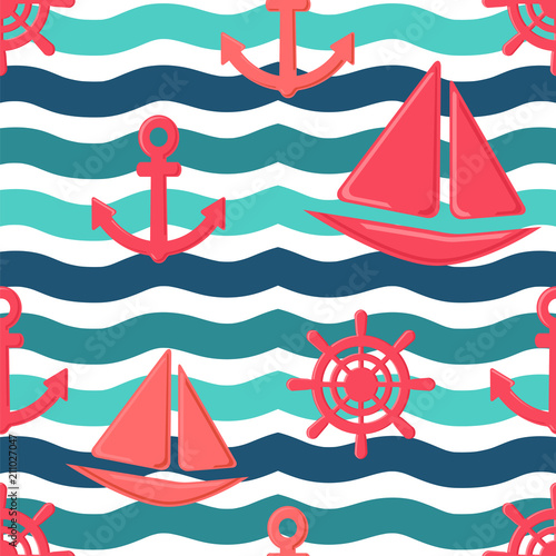 Seamless vector pattern with sea waves, boats, anchors and wheels.