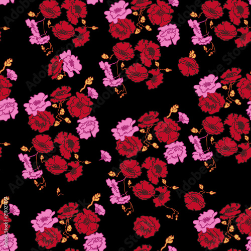 Flowers. Poppy, wild roses on black. Seamless background pattern. Hand drawn. Cute Floral pattern in the small flower. Motifs scattered random. Elegant template for fashion prints. © Irina Shi