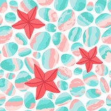 Summer background with seastars and pebbles. Seamless vector pattern. 