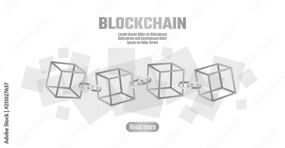Blockchain cube chain symbol on square code big data flow information. Gray white neutral presentation style. Cryptocurrency finance bitcoin business concept vector illustration background template