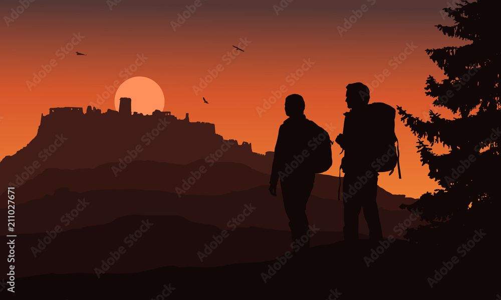 Castle on a hill with two tourists in the foreground, under a night orange sky and flying birds - vector, Spis Castle
