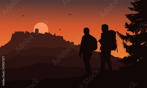 Castle on a hill with two tourists in the foreground, under a night orange sky and flying birds - vector, Spis Castle