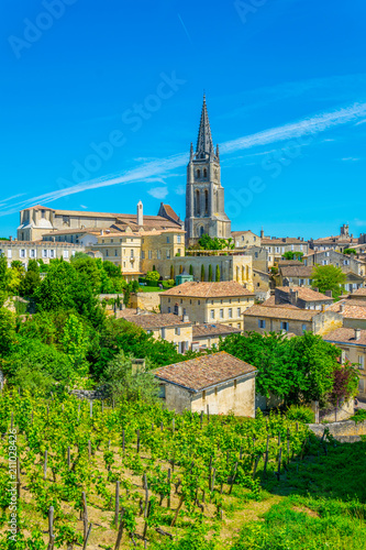 Fotografering Aerial view of French village Saint Emilion dominated by spire of the monolithic