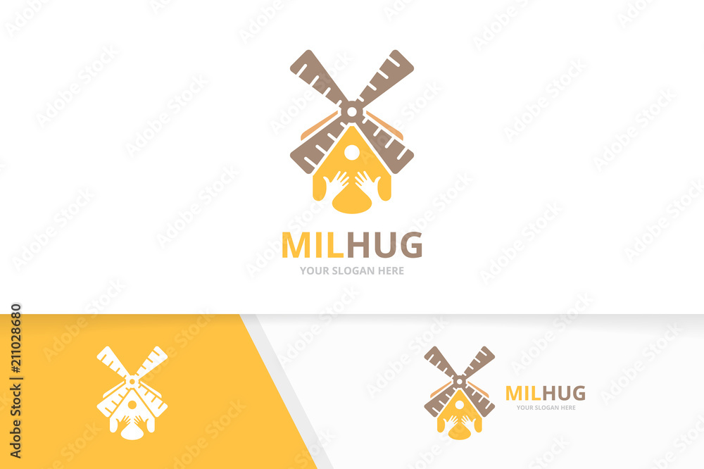 Vector mill and hands logo combination. Farm and embrace symbol or icon. Unique windmill and friendship logotype design template.