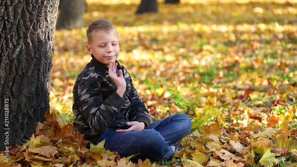 Portrait of cute funny white boy looking at camera smiling while sitting alone on ground in park covered with bright orange maple leaves. Kid waves his hand happily. Real time full hd video footage. Portrait of cute funny white boy looking at camera smiling while sitting alone on ground in park covered with bright orange maple leaves. Kid waves his hand happily. Real time full hd video footage.