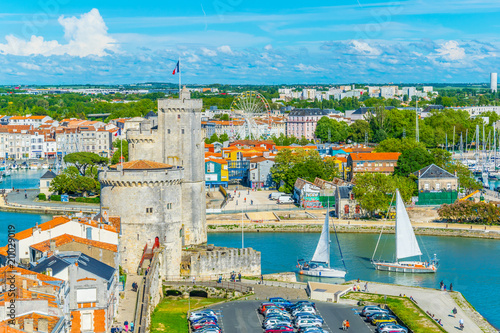 Aerial view of tour de la chaine and tour Saint Nicholas at La Rochelle, France