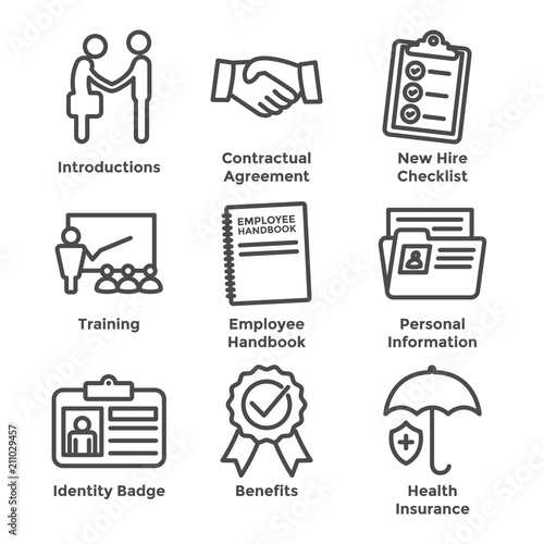 New Employee Hiring Process icon set   w checklist, handshake, training, etc