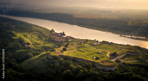 Aerial view of Khotyn Fortress a fortification complex located on the right bank of the Dniester River in Khotyn during sunrise.