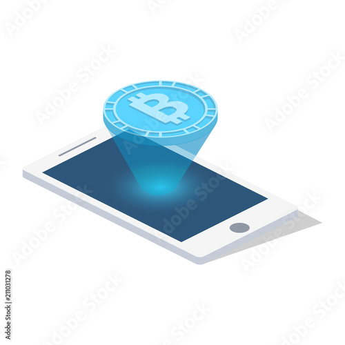 Isometric 3D vector illustration concept telephone with a bitcoin hologram