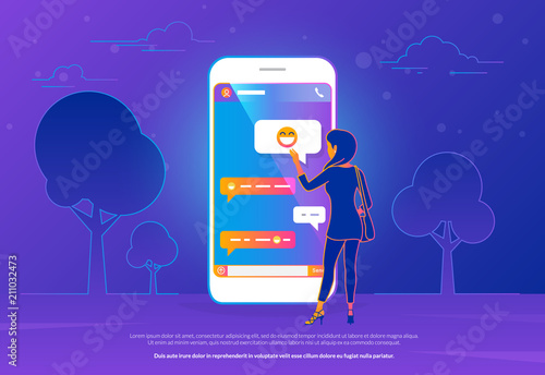 Chat talk concept vector illustration of young woman standing near big mobile smartphone and sending messages to friends. Modern gradient line design of people texting message in chat messenger app