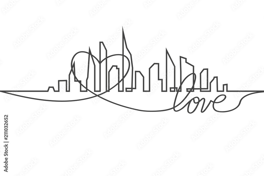 Silhouette of the city and heart and love in continuous drawing lines in a flat style. Modern urban landscape. Vector illustrations. City skyscrapers building office horizon.Continuous line drawing Silhouette of the city and heart and love in continuous drawing lines in a flat style. Modern urban landscape. Vector illustrations. City skyscrapers building office horizon.Continuous line drawing