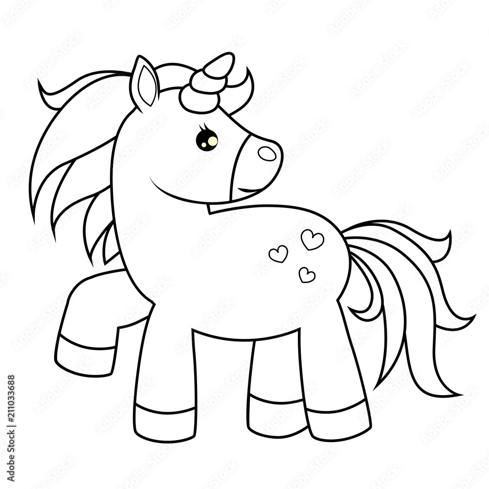 Fototapeta premium Cute cartoon unicorn. Black and white vector illustration for coloring book