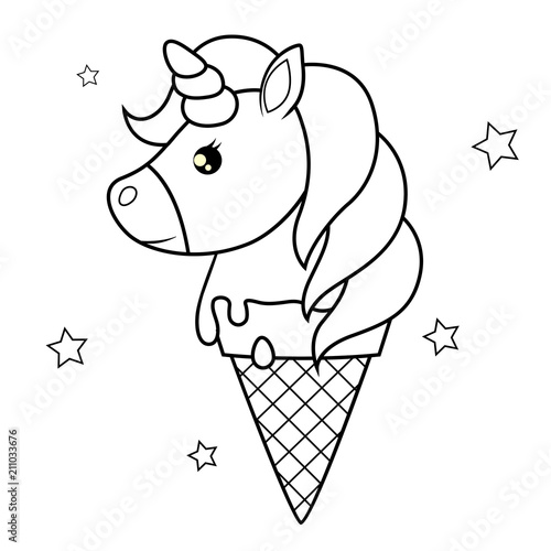Cute cartoon unicorn. Ice cream. Black and white vector illustration for coloring book