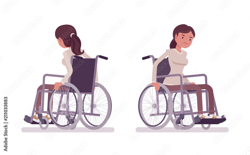 Female young wheelchair user moving manual chair