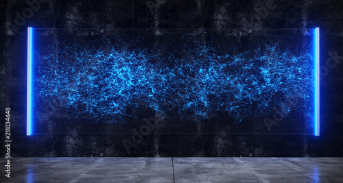 Photography Futuristic Sci-Fi Room With Hologram Blue Lighted Bright Glass With Plexus Hologram