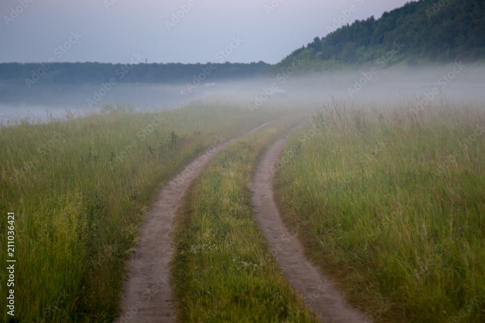 the dirt road in the beginning of summer goes into the fog