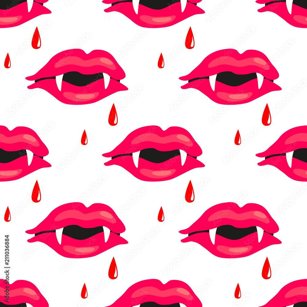 Vampire sexy lips seamless vector pattern.