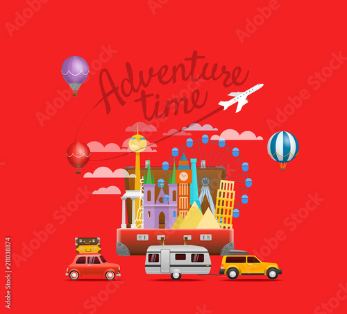 Adventure time concept. Vector illustration with transport and buildings