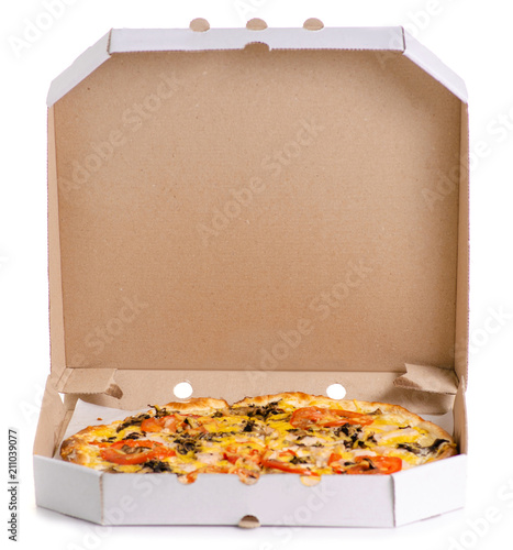 Pizza in a box on a white background isolation