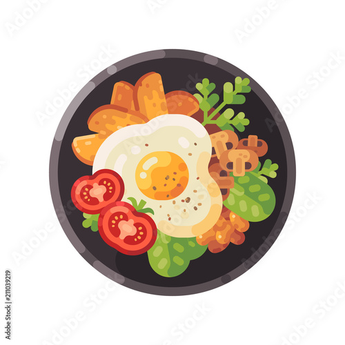 Tasty breakfast flat illustration. Dish with omelet, tomatoes, fried potatoes, mushrooms and salad.