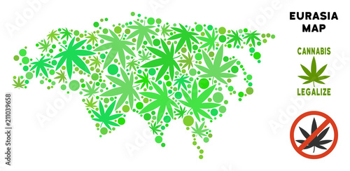 Royalty free cannabis Eurasia map mosaic of weed leaves. Template for narcotic addiction campaign against drugs dependence or cannabis legalize.