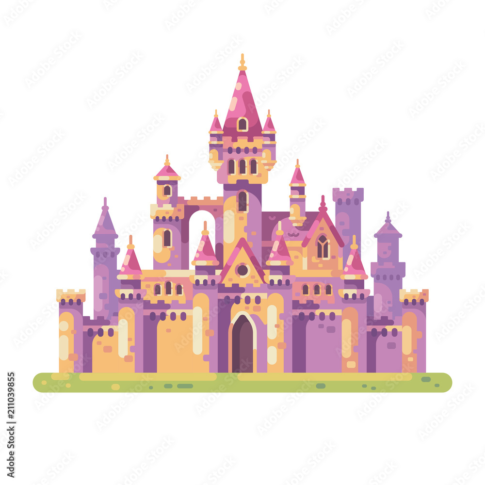 Fairy tale princess castle. Medieval palace flat illustration.