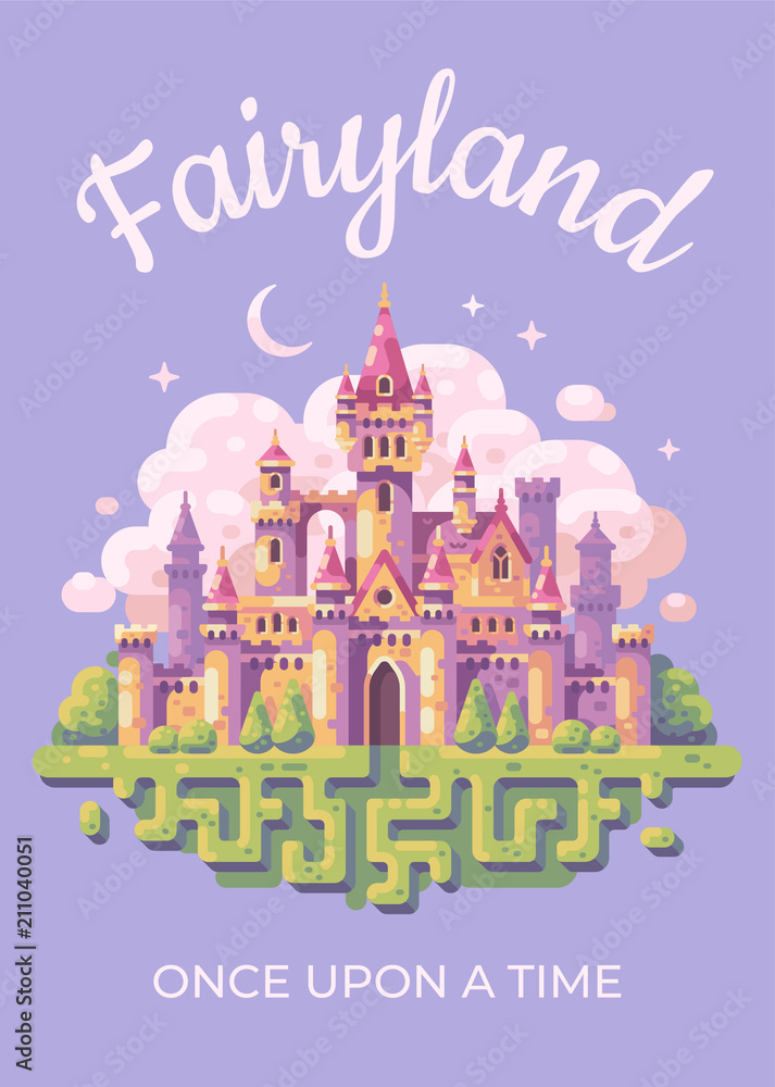 Fairy tale castle flat illustration poster. Fairyland kid book cover concept.