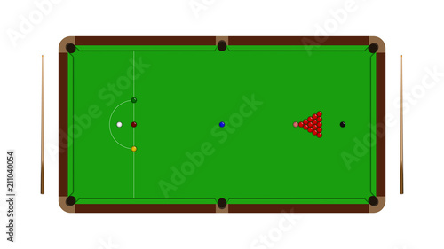 Top view of realistic snooker table with balls and cue isolated on a white background, vector illustration