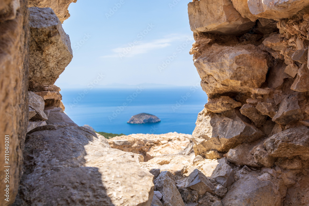 Sea view from the ruins of Monolithos castle. Rhodes island. Greece