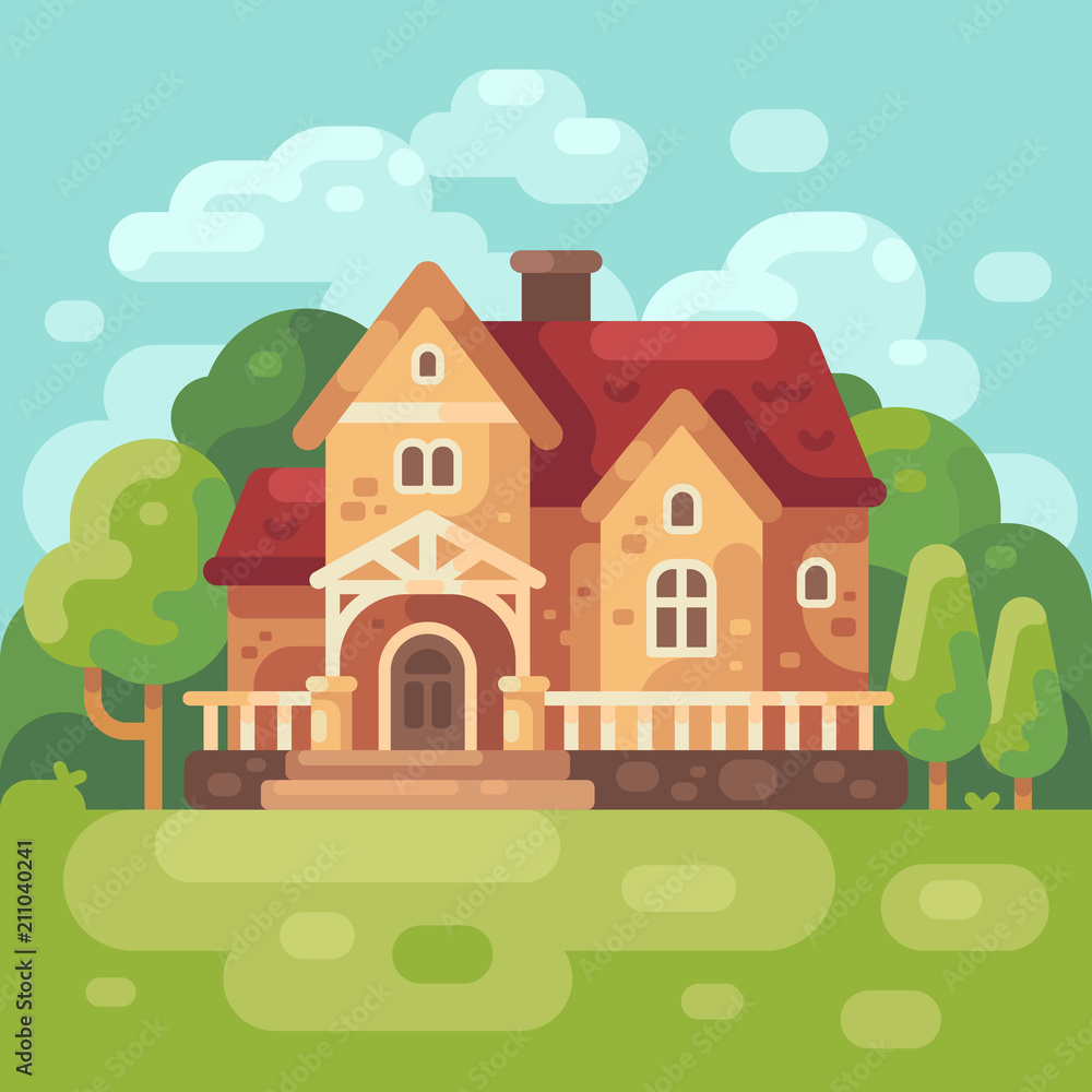 Big country house flat illustration. Modern country home background. Big country house flat illustration. Modern country home background.