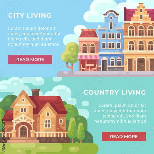 City living vs Country living banners flat illustration.
