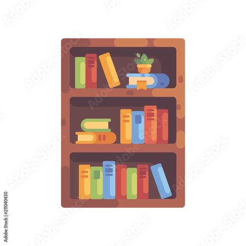 Colorful wooden bookshelf flat illustration,