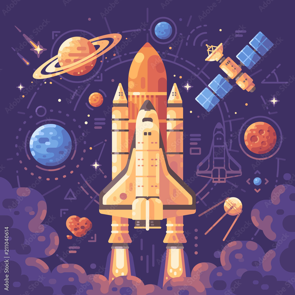 Obraz premium Space exploration concept. Space objects flat illustration. Shuttle launch background