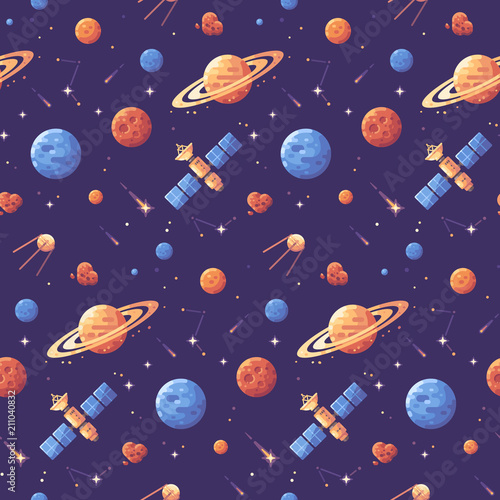 Space icons seamless pattern. Space exploration purple background