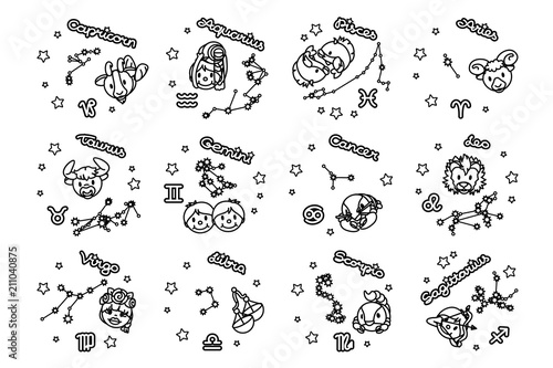 vector cute Zodiac poster. Cartoon astrology icons
