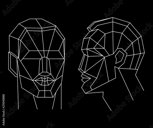Polygonal human face. Isolated objects in line art style on white background. Abstract futuristic concept design. Vector illustration 