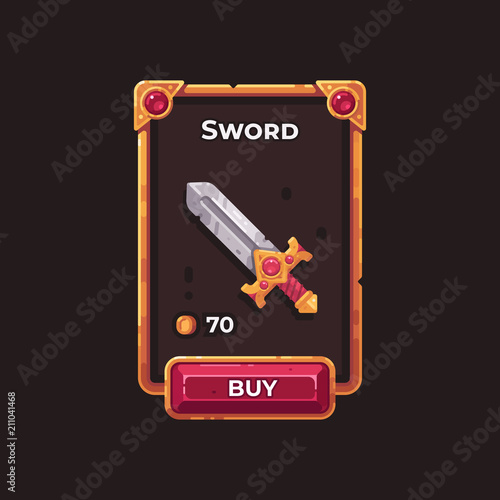 Fantasy game weapon shop UI illustration. Medieval sword game card.