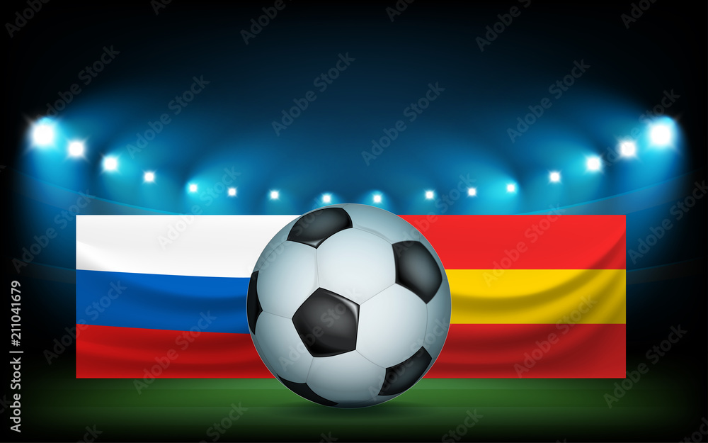 Fototapeta premium Football stadium with the ball and flags. Russia vs Spain