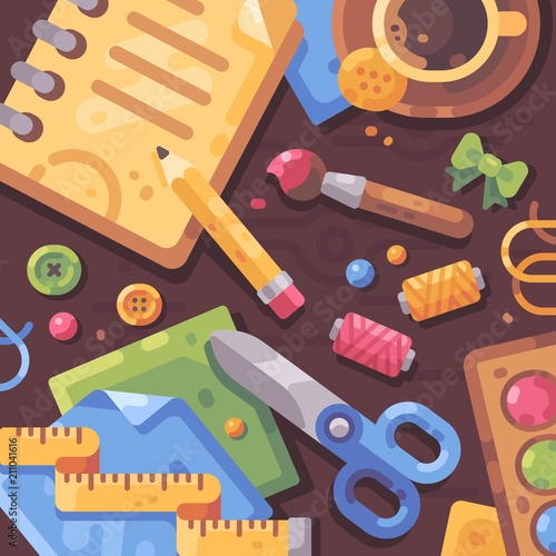Creative workplace flat illustration. Desktop filled with art supplies and craft materials. Handcraft vector background.