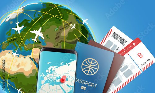 Travel time vector illustration with the Earth. Vacation concept with accessories